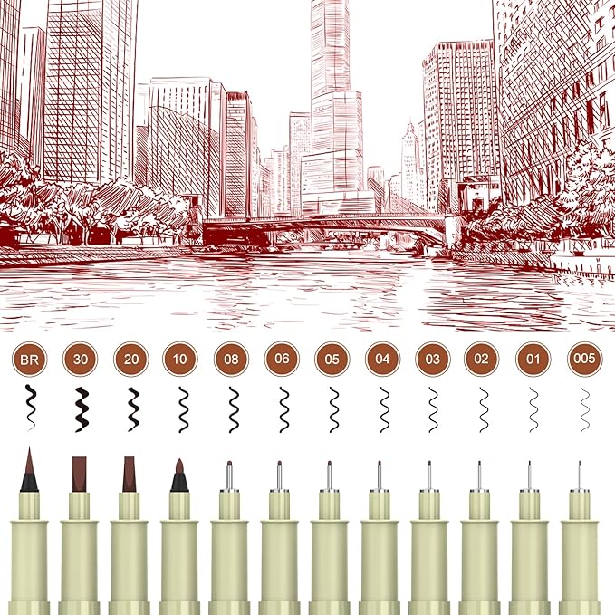 Sepia Micro Pen Set, 12 Sizes Brown Ink pen Drawing Pens, Waterproof Archival Ink Fineliner Pens for Journaling and Writing, Fine Line Art Markers for Detailing Drawing, Sketching