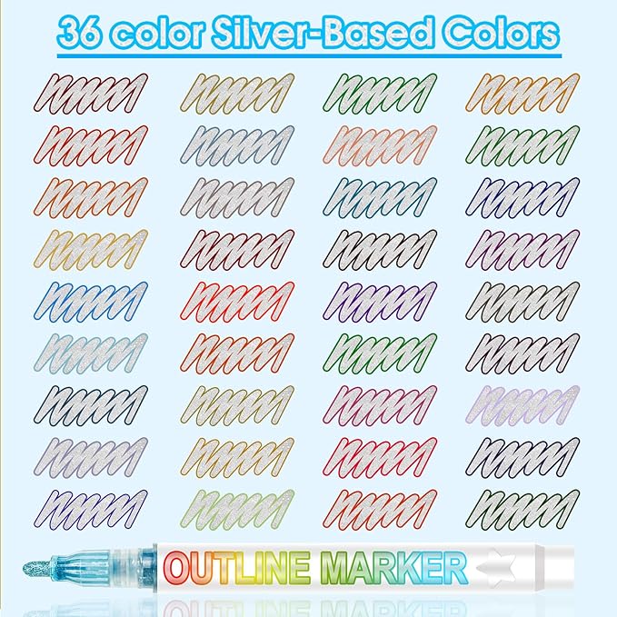 Shimmer Markers Glitter Outline Markers, 36 Colors Double Line Self-Outline Metallic Marker for kids Arts Crafts Gifts for 4-12 Year Old Girls Drawing, Birthday Card, DIY Crafts