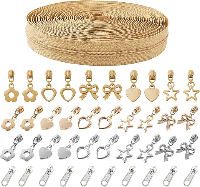 Mylbeter #3 Nylon Coil Zippers by The Yards Khaki Bulk Zippers 10 Yards with 40PCS Sliders Continuous Zipper Tape for DIY Bag Clothing Sewing Crafts Gold Pull Sliver Slider Zipper for Bags and Purses