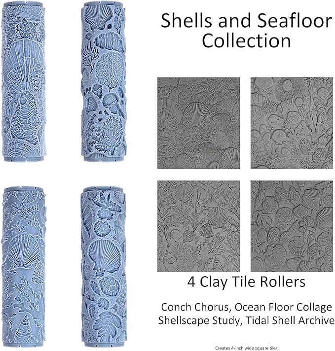 Shells and Seafloor Collection 4-Pack Clay Texture Rollers (4") - Seamless Ocean Set #01 - Embossing Pattern Rollers for Polymer & Ceramic Clay, Pottery & Crafts