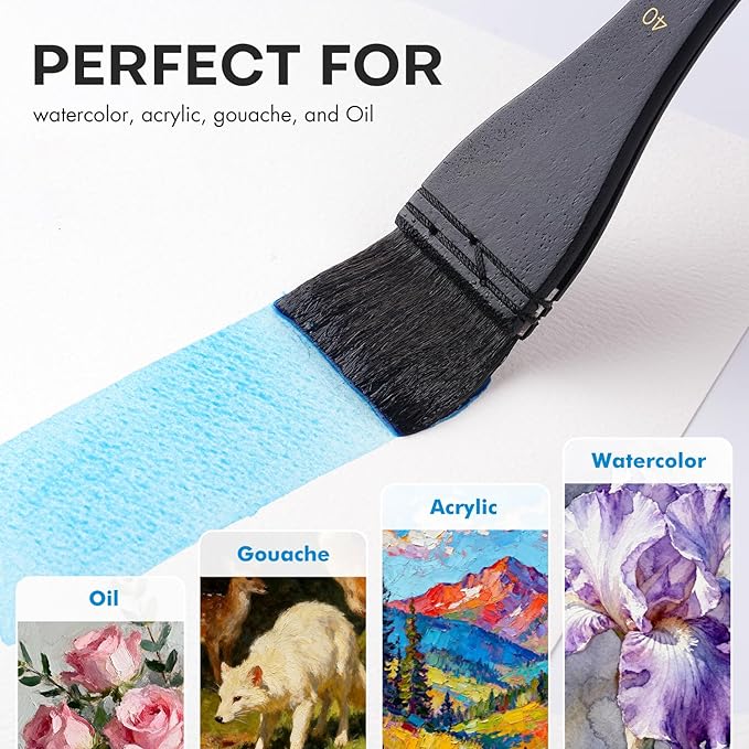 Flat Watercolor Brushes, Fuumuui 40mm Professional Squirrel Hair Flat Hake Brushes, Artists Scale Large Paint Brush with Long Handle for Watercolor and Acrylic Paints