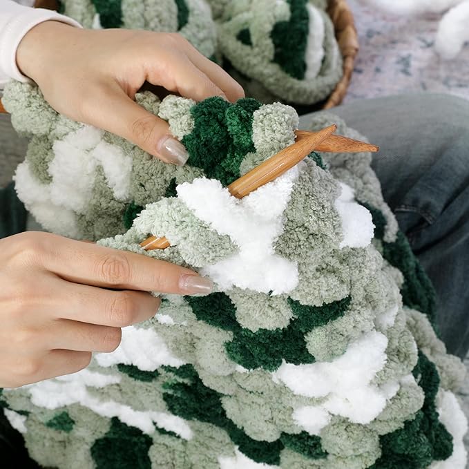 HOMBYS 8 Pack Giant Chunky Yarn for Crocheting and Hand Knitting: Super Bulky, Large Soft, Fluffy, Plush Fuzzy, Mixed Color Thick Chenille (Green Multi, White)