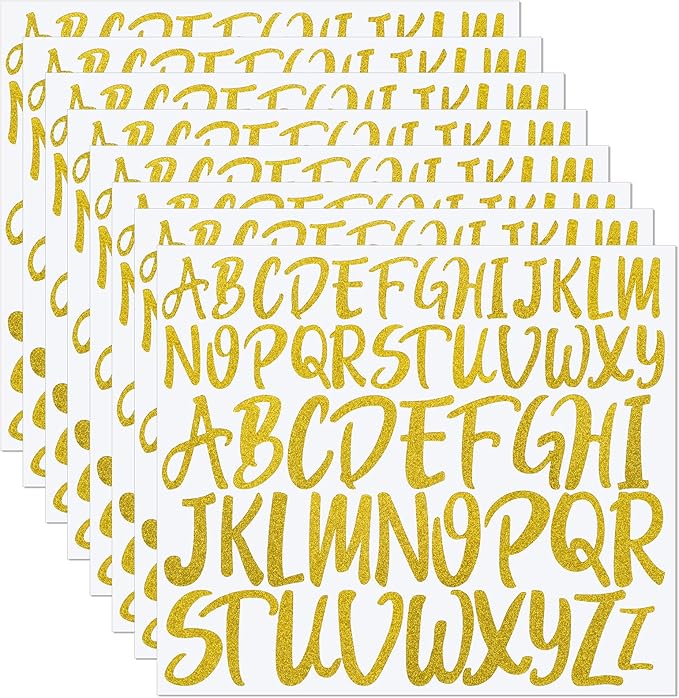 TaoBary 416 Pcs Christmas Letter Stickers 8 Sheets Alphabet Stickers 2 Size Vinyl Cursive Self-adhesive Letter Personalized Decor for Scrapbooking Water Bottle Christmas Craft(1'', 1.5'',Glitter Gold)