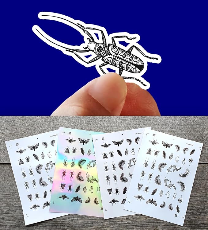 Stickers Pack (Over 150 Stickers) Amazing Fineline Drawings of Feathers and Insects Vintage Styled Small Vinyl Stickers White Hologram Transparent
