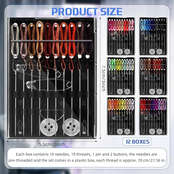 Hestya 12 Boxes (120 Pcs) Pre Threaded Needle Kit Assorted Color (Multicolor)