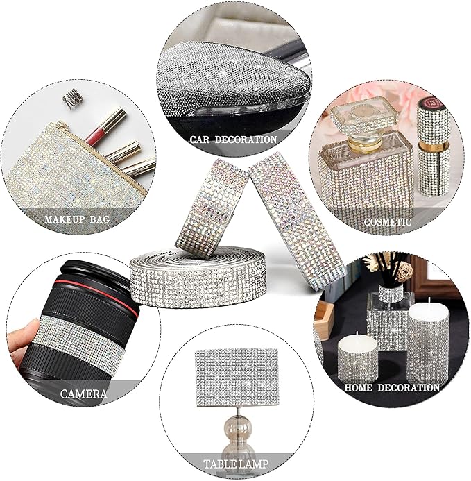 4 Rolls Self Adhesive Crystal Rhinestone Ribbon Diamond Bling Tape with 2 mm Rhinestones Strips Sticker for Arts Crafts Wedding Birthday Party DIY Event Car Phone Decoration (AB)