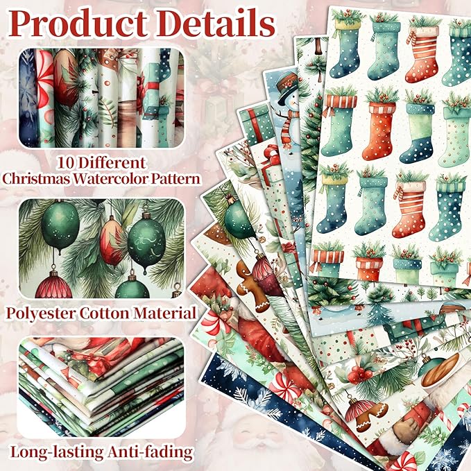 Hahafelt 10 Pcs Watercolor Christmas Quilting Fabric Bundles 20 x 20 Inch Xmas Santa Claus Gingerbread Man Snowflake Fat Squares Quarters Fabric by The Yard Patchwork for Craft Sewing DIY Decor