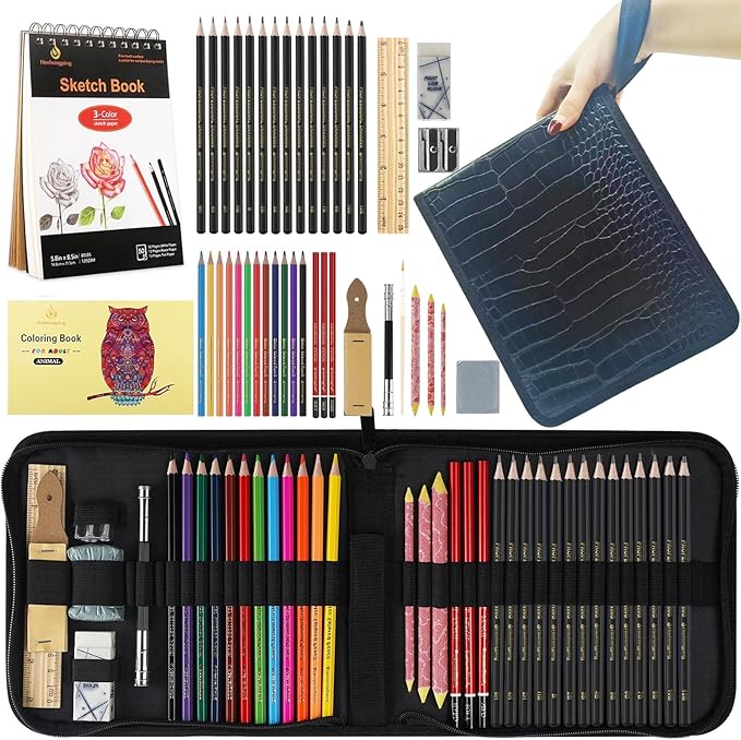 Heshengping 42 Pack Drawing Set Sketching Kit, Art Supplies with 3-Color Sketchbook, coloring book, Graphite Charcoal watercolor pencils, Portable Travel Size Case, gift for Beginner Artists Adults