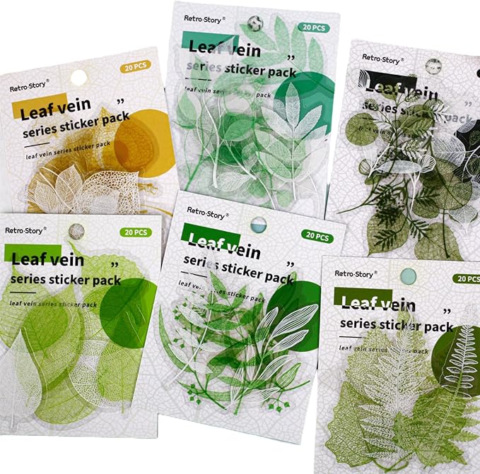 120 Pieces Leaf Vein Aesthetic Stickers, 6 Pack Nature Botanical Decals for Scrapbooking, Bullet Journals, Planners, Card Making, Resin Art, and Adult DIY Crafts