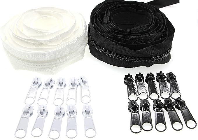 #5 Nylon Coil Sewing Zippers by The Yard Bulk 10 Yards White and Black Colors with 20pcs Matched Sliders for DIY Tailor Sewing Craft,Luggage,Dress,Sofa Cushion, Pillow, Bag Leekayer(White and Black)