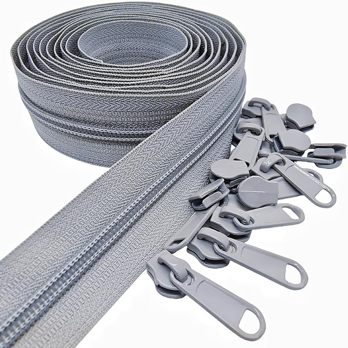 MebuZip #5 Nylon Coil Zippers by The Yard Bulk Zipper Roll Zipper Tape 10 Yards with 25pcs Pulls for Sewing Tailor DIY Craft Bags Pillows (Grey 10Yards)