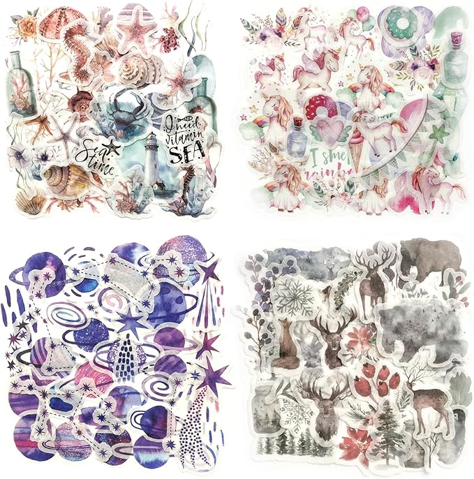 Yoksas 320 Pcs Watercolor Washi Stickers - Forest Nature, Ocean Animals, Sea Beach Aesthetic Stickers for Scrapbooking, Planners, Calendars, Bullet Journal