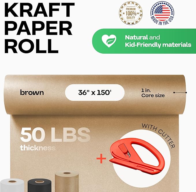 Brown Kraft Paper Roll 36" x 1800" (150 feet) with Cutter - USA-Made Quality Paper 50lb Thickness for Wrapping, Packing, Moving, Shipping, & Crafts/Arts - Natural Kraft Material by IDL Packaging