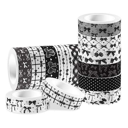 12 Rolls of Black Bow Washi Tape, Black and White Decorative Tape, Masking Tape for Note Taking Supplies, Scrapbooking, DIY Crafts, Gift Wrap Supplies