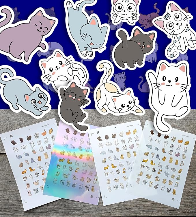 Stickers Pack (Over 150 Stickers) Adorable Cartoon Style Illustrations of Cats and Kittens Vintage Styled Small Vinyl Stickers White Hologram Transparent