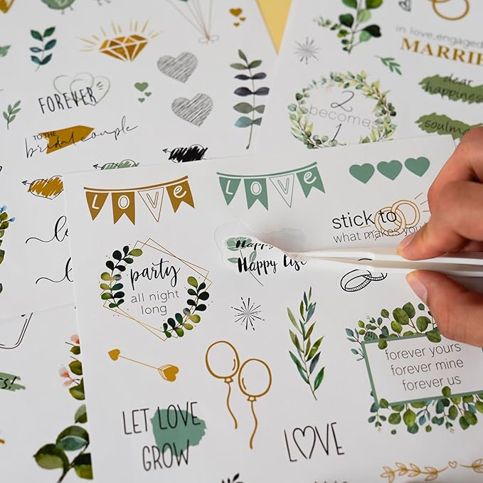 4Sheets Green Wedding Celebration Stickers for Bridal Scrapbooking, Pastel Watercolor Self-Adhesive Waterproof Wedding Stickers for Letters,Envelopes,Bridal Shower,Anniversary Invitations,Guestbook