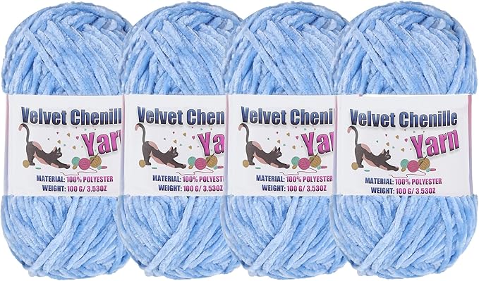 4 * 100g Fluffy Velvet Chenille Yarn for Crocheting and Knitting, Handcrafts Weaving Soft Chenille Yarn for Crocheting Clearance, Used for Making Baby Yarn Blanket, Clothes, DIY Craft (Bule)