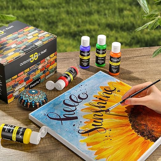 Magicfly Outdoor Acrylic Paint, Set of 30 Colors/Tubes (60 ml, 2 oz.) with Storage Box, Rich Pigments, Multi-Surface Paints for Rock, Wood, Fabric, Leather, Paper, Crafts, Canvas and Wall Painting