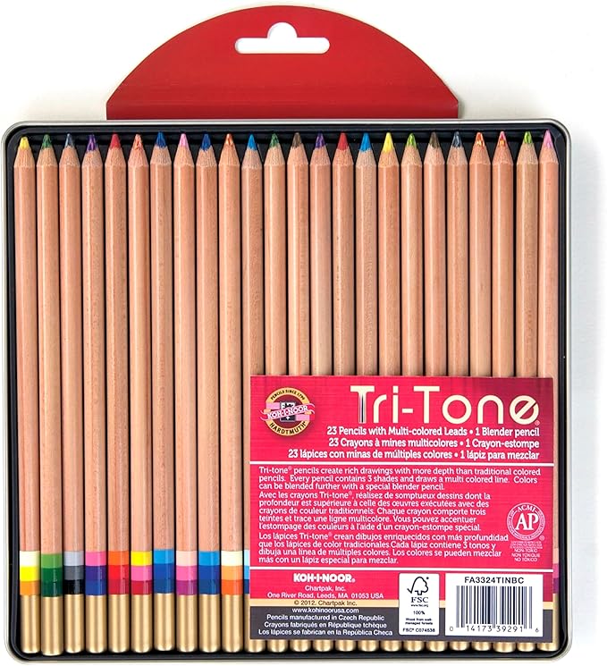 Koh-I-Noor Tri-Tone Multi-Colored Pencil Set, 24 Assorted Colors in Tin and Blister-Carded (FA33TIN24BC)