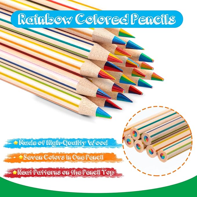 CHENGU 48 Pcs Rainbow Colored Pencils Bulk 7 Color in 1 Wooden Rainbow Pencil with 4 Pieces Sharpener for Kids Adults Art Drawing(Straight and Curved Line)