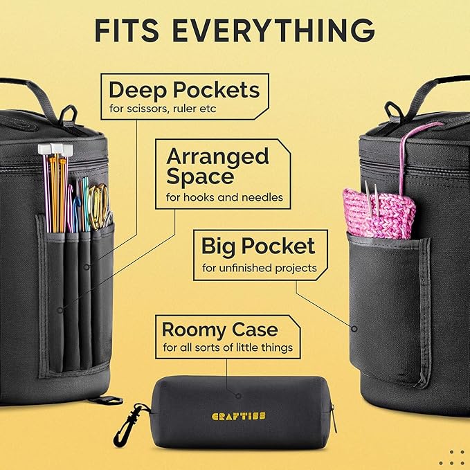 CRAFTISS Knitting Bag Yarn Storage - Christmas Gift - Durable Canvas Yarn Holder for Crochet Accessories - Organizer Crochet Bag with Knitting Accessories Case (Black)