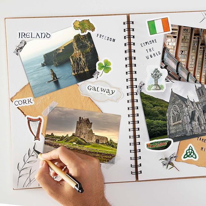 Navy Peony Emerald Ireland Travel Stickers (34pcs) - Watercolor, Waterproof, Irish Themed Vacation Decals for Journals, Scrapbooks, Tumblers