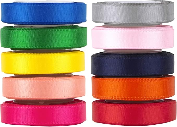 VATIN Solid Color Double Sided Polyester Satin Ribbon 10 Colors 3/8" X 5 Yard Each Total 50 Yds Per Package Ribbon Set, Perfect for Gift Wrapping, Hair Bow, Trimming, Sewing and Other Craft Projects