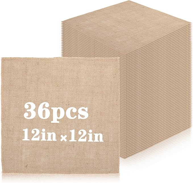 36 Pcs 12 x 12 Inches Burlap Squares - Natural Jute Fabric Placemats for Farmhouse, Wedding & Home Decor, Multipurpose Rustic Table Cover & Craft Supplies