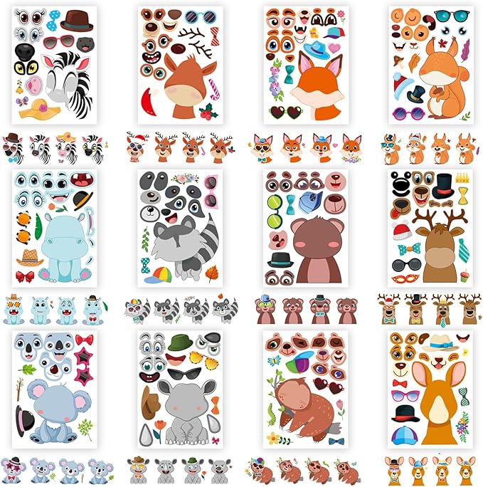 48 PCS Make a Face Stickers Sheets for Kids, Make Your Own Animal Mix and Match Stickers Sheets, Cute Animal Sticker for Birthday Party Favors Supplies Teacher Reward