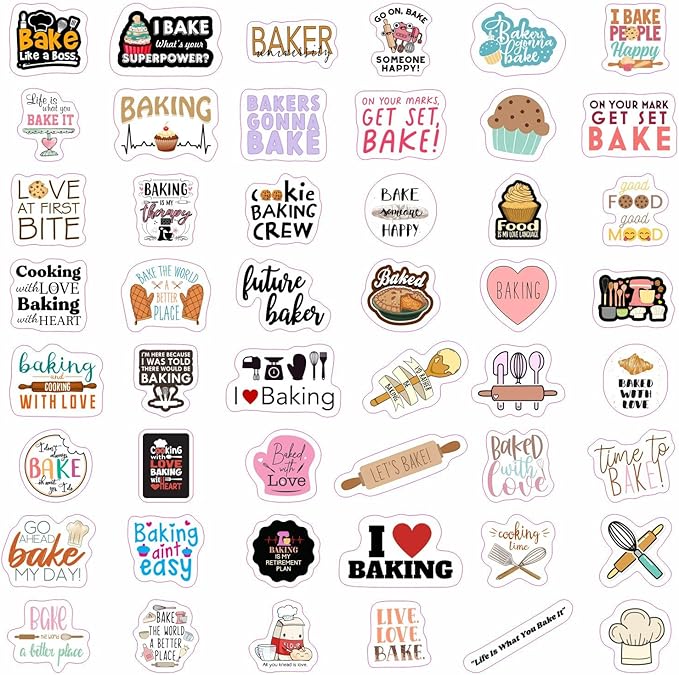 BulbaCraft 100Pcs Baking Stickers Funny, Bakery Stickers for Water Bottles - Baking Laptop Decals, Bakery Themed Party Decorations, Gifts for Women & Men