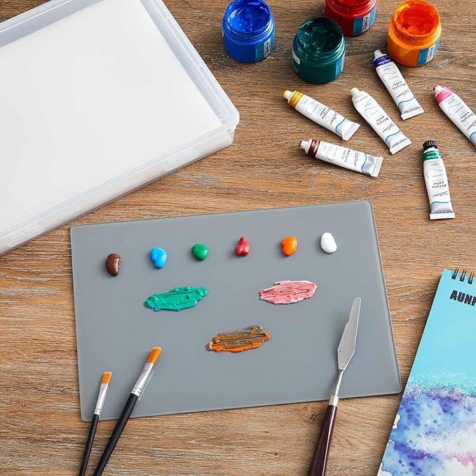 Nuanchu 2 Pcs Handy Glass Oil Paint Palette Included 12.8 x 9.25 Inches Airtight Stay Wet Palette Container and 11.8 x 8.5 Inches Tempered Glass, Keeps Paint Fresh, Ideal for Travel Outdoor, Grey