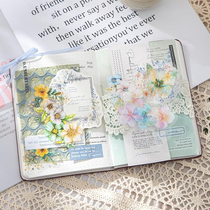 Floral PET Sticker Set, 60PCS Transparent Butterfly, Lace, and Flower Stickers for Scrapbooking, Journaling, Planners and DIY Crafts