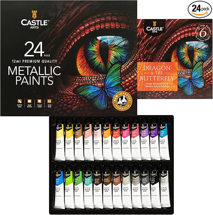 Castle Art Supplies 24 Piece Metallic Acrylic Tube Set | New Improved Formula | 24 X 12ML Tubes for Adult Artists, Beginners and Crafters, Add Shimmering Quality on Variety of Surfaces (New Improved Formula)