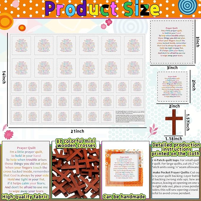 Ceenna Pocket Prayer Quilt Panel Squares with Small Wooden Crosses Mini Scripture DIY Pocket Prayer Quilts for Friend Family Religious Spiritual Gift Christmas Stocking Stuffers Gifts