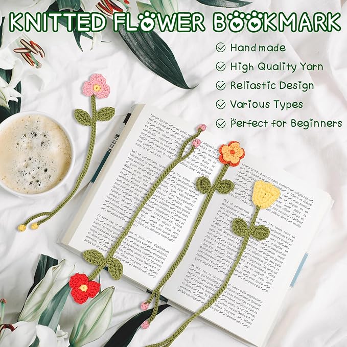 WaldyWop Crochet Kit for Beginners - 8 Flower Bookmarks Knitting Kit w/Step-by-Step Video Tutorials & Soft Yarn, Hook - Wobbles DIY Art Craft Kit for Adults, Birthday Gifts for Women Teen