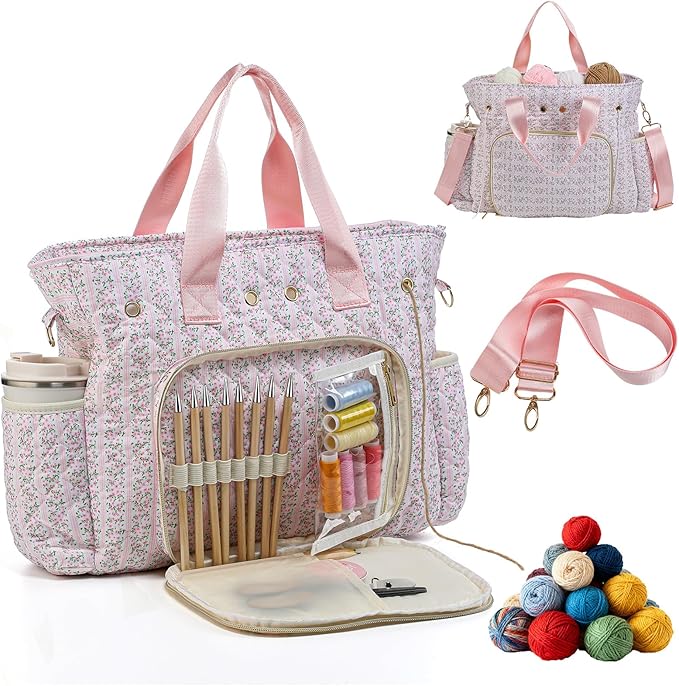 SilTriangle Large Pink Floral Quilted Crochet Knitting Bags and Totes Organizer Cotton Yarn Hook Bag Holder Christmas Corduroy Gift for Crochet Lover Crocheting Accessories, Needle with Zipper, Size L
