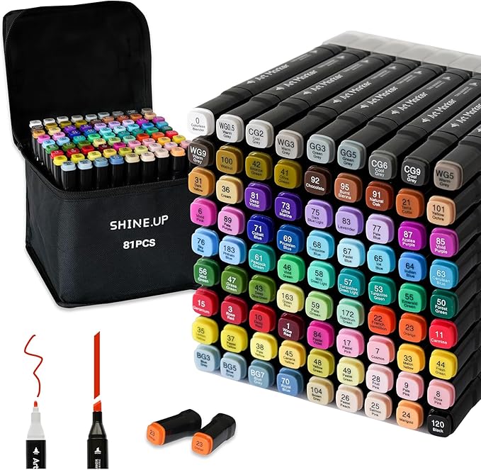 Alcohol Markers, 80 Colors Dual Tip Permanent Art Markers for Adult Coloring Book, Painting, Drawing, Alcohol Based with Base and Blender for Adult, Artists