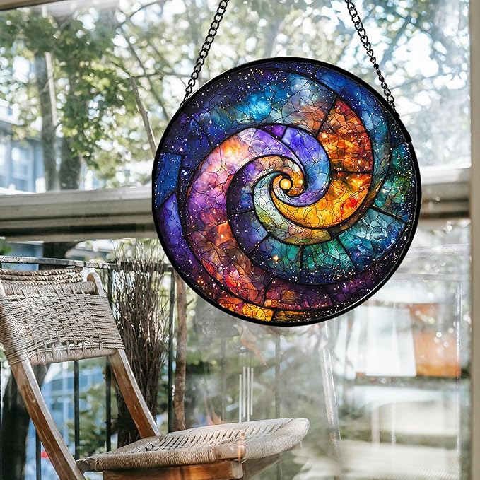 Stained Glass Window Hanging, Blue Orange Starry Sky Sun Catcher for Door Terrace Garden Home Decor, Abstract Universe Suncatcher Birthday Gifts for Lovers Women Men Dad Mom Nana 15 in