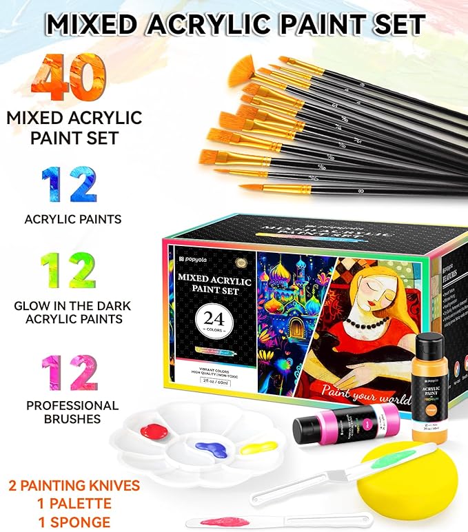 40 PCS Classic & Glow in the Dark Acrylic Paint Set with 12 Brushes, 2 Knives & Palette, 24 Colors Art Craft Paint for Beginners, Canvas Ceramic Rocks Wood Painting Kit Art Supplies