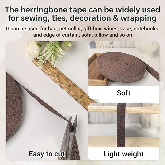 3/4 Inch Brown Cotton Twill Tape - 40 Yards Herringbone Webbing Bias Binding Tape for Sewing, Pet Collar, Crafting & DIY Projects, Gift Wrapping and Home Decor