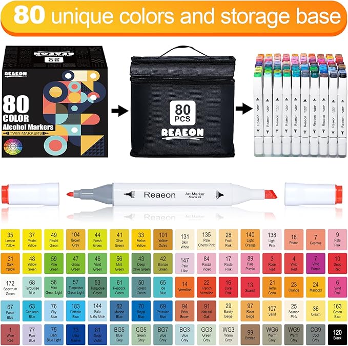 Alcohol Art Markers, 80 Colors Fine & Chisel Dual Tip Marker Set, Permanent Art Markers for Adults Sketching Painting Drawing and Coloring(White Barrel)