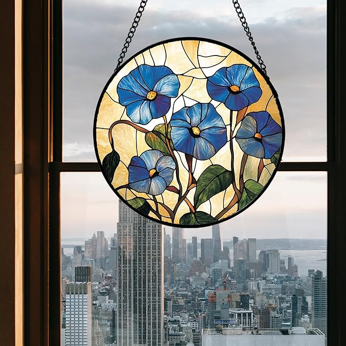 Stained Glass Window Hanging - Morning Glory Suncatcher for Door Garden Home Decor Birth Flower Sun Catcher Christmas Birthday for Lovers Friend Women Mom Nana 15 in