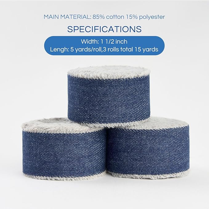 Pretty Jolly Blue Denim Ribbon for Crafts Handmade Rustic Frayed Cotton Jean Fabric Ribbon for Flower Bouquet 15 Yards 1 1/2 Inch Cloth Ribbons for Gift Wrapping Hair Sewing Accessories Holiday Decor