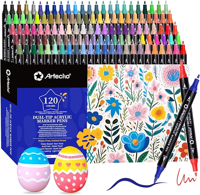 Artecho Acrylic Paint Markers 120 Colors, Acrylic Paint Pens with Brush Tip and Fine Tip for Stone, Rock Painting, Paper, Pumpkin, Wood, Egg, Canvas, Ceramic, Fabric, leather, Glass, DIY Crafts