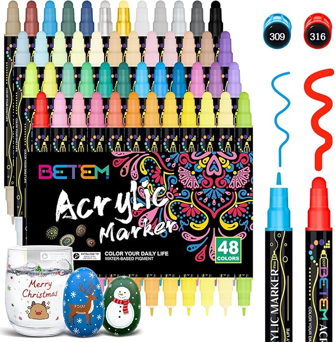 Betem 48 Colors Dual Tip Acrylic Paint Pens Markers, Premium Acrylic Paint Markers Stocking Stuffers for Rock, Wood, Fabric, Glass, Canvas, Ceramic, Christmas Gifts for Teens DIY Crafts Art Supplies