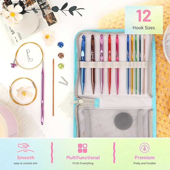 Aeelike Interchangeable Tunisian Crochet Hooks Set, 12 Sizes Colorful Tunisian Crochet Hooks Set with Cables 3.0mm - 10.0mm Smooth Ergonomic Hook for Making Blanket Scarves, Ideal Gift