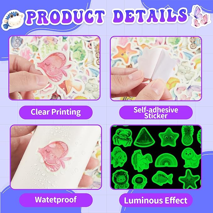 100 Pcs Glow in The Dark Cartoon Water Bottle Stickers for Kids, Cute Waterproof Vinyl Laptop Decals, Kawaii Animals Plants Natural Elements Decorative Sticker Packs