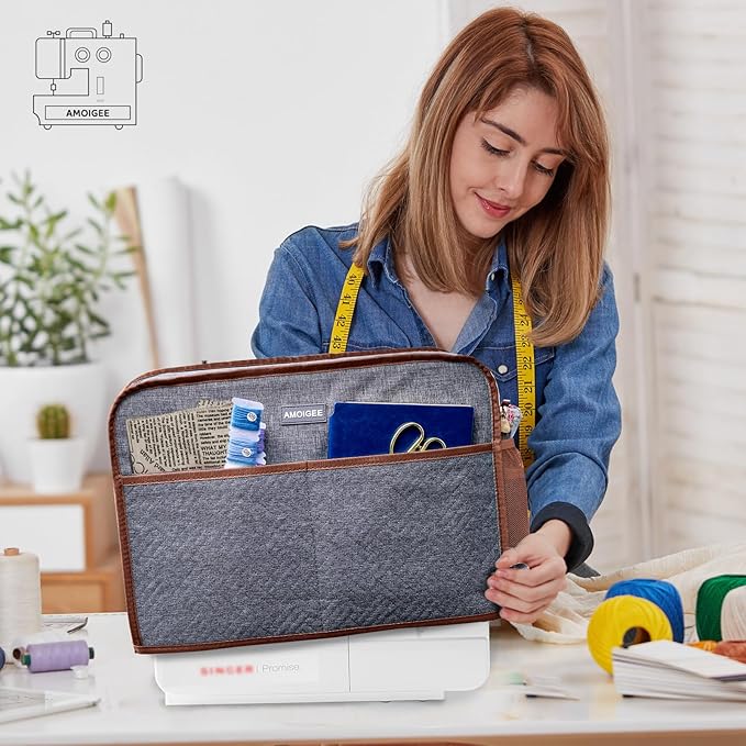 AMOIGEE Sewing Machine Cover for Brother, Singer, Janome – Quilted Dust Cover with Storage Pockets, Padded Protective Sewing Machine Case Fits Most Standard Sewing Machines (17" x 7" x 12")