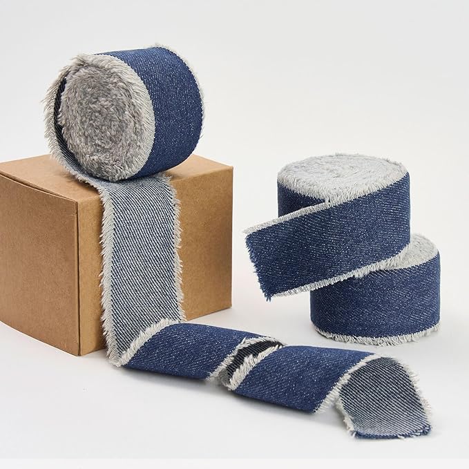 Pretty Jolly Blue Denim Ribbon for Crafts Handmade Rustic Frayed Cotton Jean Fabric Ribbon for Flower Bouquet 15 Yards 1 1/2 Inch Cloth Ribbons for Gift Wrapping Hair Sewing Accessories Holiday Decor