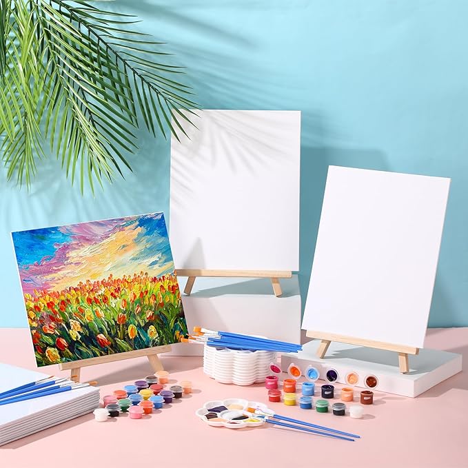 Qilery 12 Set Acrylic Paint Kit Mini Stretched Canvas with Easel, Acrylic Paints Strips, Brushes, Palette, Art Set for Kids Adults Classroom Birthday Party Favors (8 x 10 Inch)